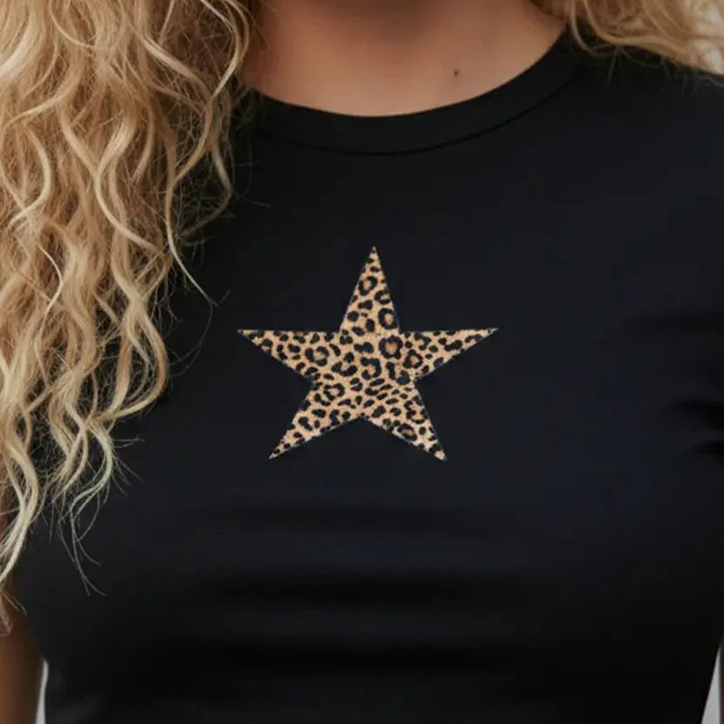 Leopard Star Black Crop Top Baby Tee – Fitted Aesthetic Women’s Crop Top Baby Tee | physical by Acid House™ (formerly Zyra Drip)