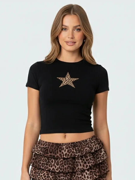Leopard Star Black Crop Top Baby Tee – Fitted Aesthetic Women’s Crop Top Baby Tee | physical by Acid House™ (formerly Zyra Drip)