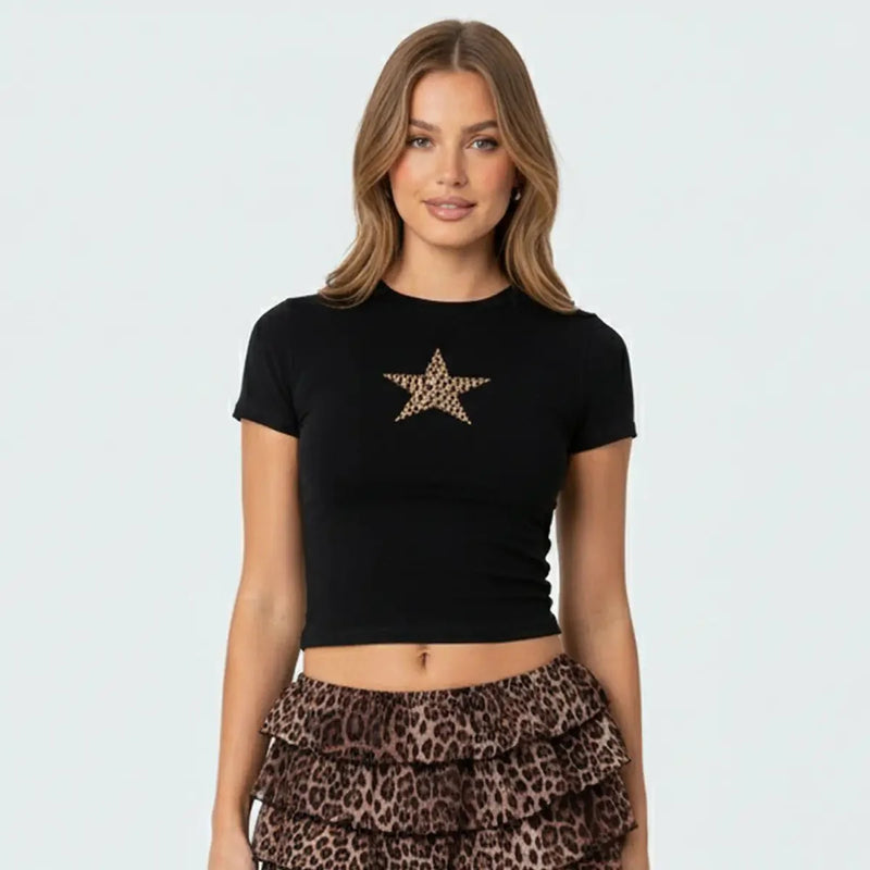 Leopard Star Black Crop Top Baby Tee – Fitted Aesthetic Women’s Crop Top Baby Tee | physical by Acid House™ (formerly Zyra Drip)