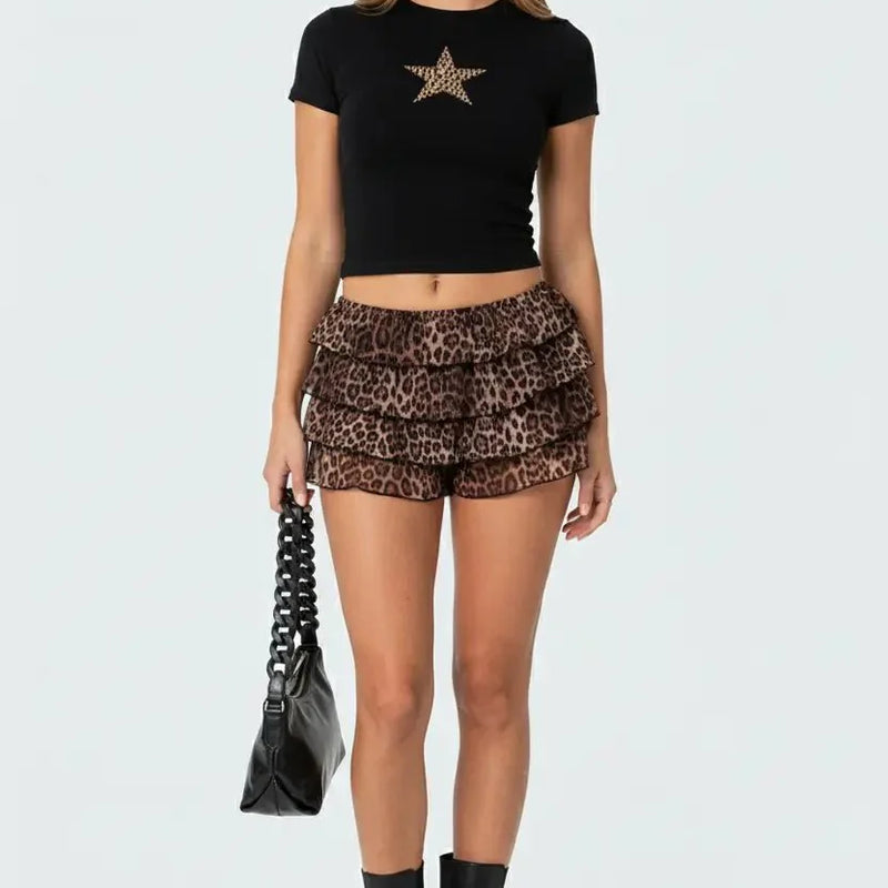 Leopard Star Black Crop Top Baby Tee – Fitted Aesthetic Women’s Crop Top Baby Tee | physical by Acid House™ (formerly Zyra Drip)