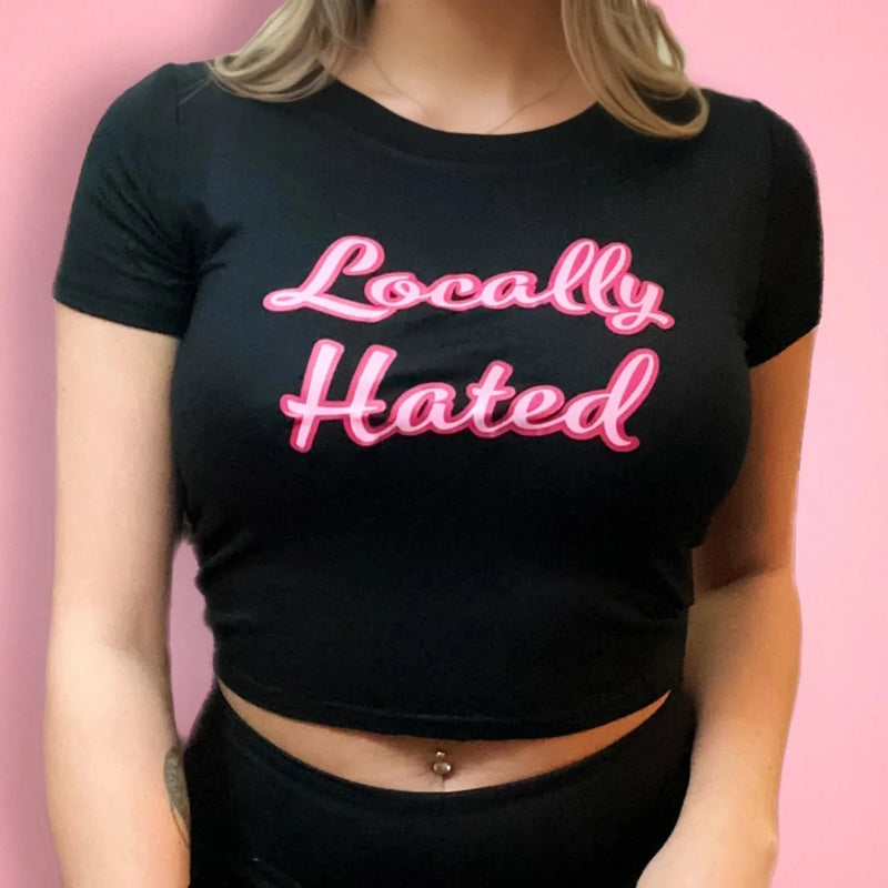 Locally Hated Women’s Baby Tee – Slim Fit Y2K Graphic Crop Top | physical by Acid House™ (formerly Zyra Drip)