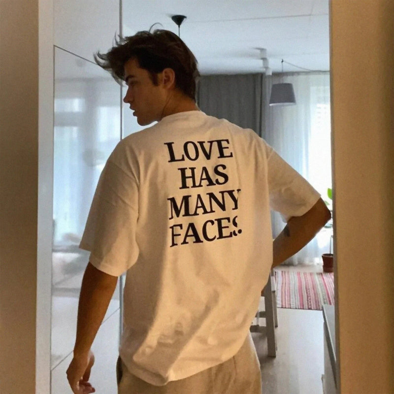 Love Has Many Faces | White Oversized Drop Shoulder Tee for Men | physical by Acid House™ (formerly Zyra Drip)