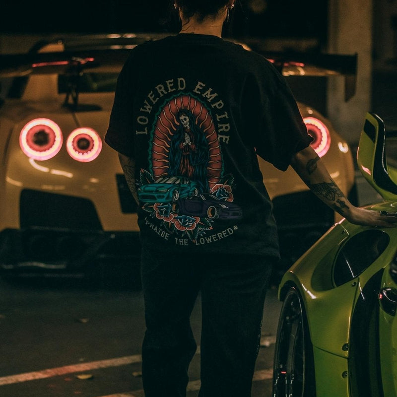 Lowered Empire Oversized Streetwear T-Shirt – Skull & Car Graphic Tee for Men | physical by Acid House™ (formerly Zyra Drip)