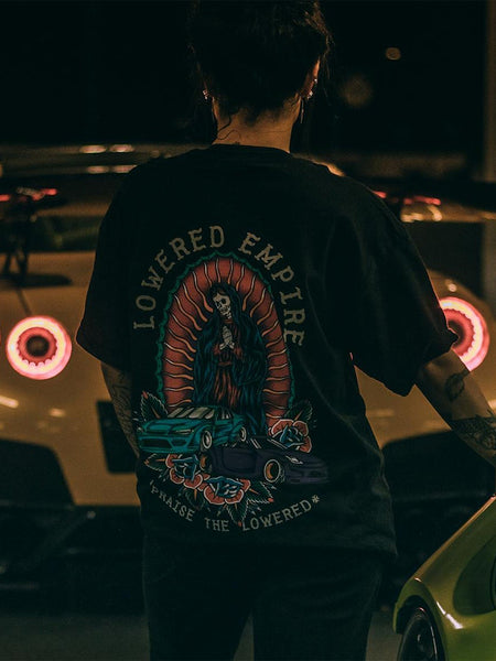 Lowered Empire Oversized Streetwear T-Shirt – Skull & Car Graphic Tee for Men | physical by Acid House™ (formerly Zyra Drip)