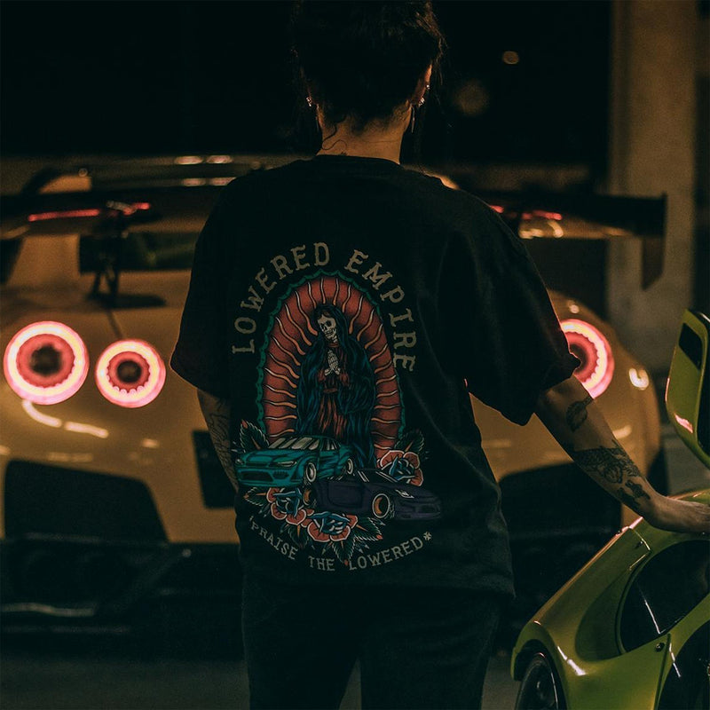 Lowered Empire Oversized Streetwear T-Shirt – Skull & Car Graphic Tee for Men | physical by Acid House™ (formerly Zyra Drip)