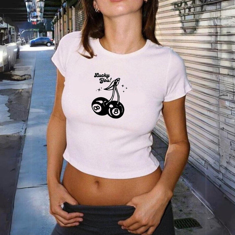 Lucky You Baby Tee – Bold White Crop Top | physical by Acid House™ (formerly Zyra Drip)
