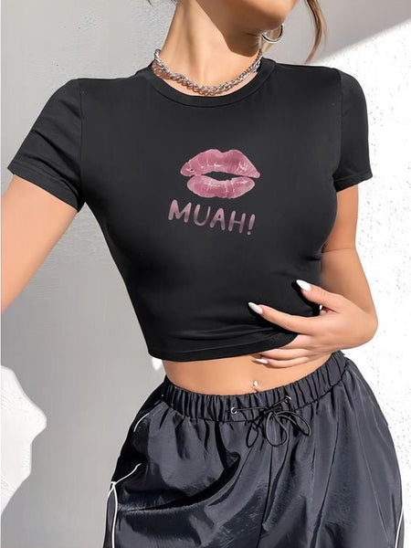 Muah! Black Baby Tee – Trendy Cropped T-Shirt with Lip Print Color Black | physical by Acid House™ (formerly Zyra Drip)