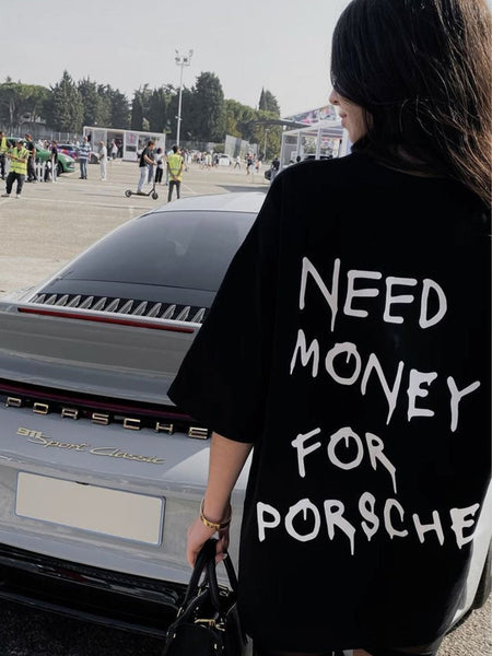 Need Money For Porsche Oversized Black T-Shirt for Women | physical by Acid House™ (formerly Zyra Drip)
