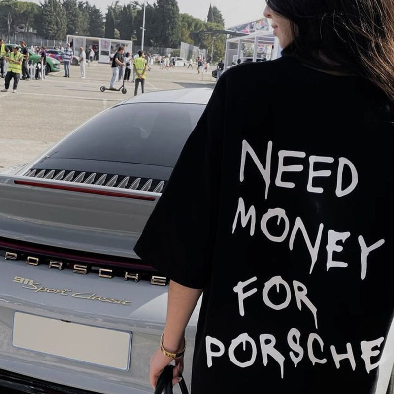 Need Money For Porsche Oversized Black T-Shirt for Women | physical by Acid House™ (formerly Zyra Drip)