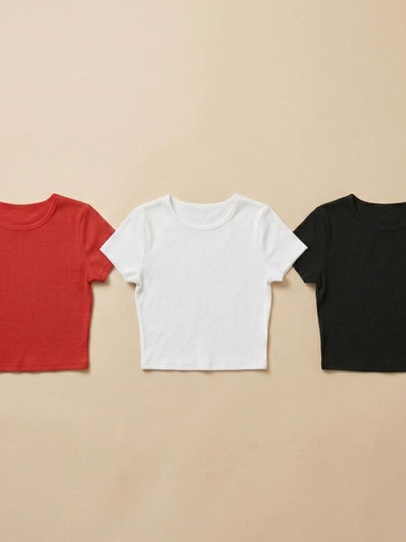 Pack of 3 Baby Tees for Women – Red, White & Black | Stretchable Lycra Cotton Fitted Crop Tops | physical by Acid House™ (formerly Zyra Drip)