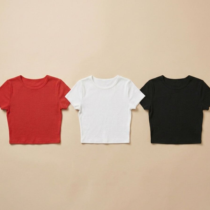 Pack of 3 Baby Tees for Women – Red, White & Black | Stretchable Lycra Cotton Fitted Crop Tops | physical by Acid House™ (formerly Zyra Drip)