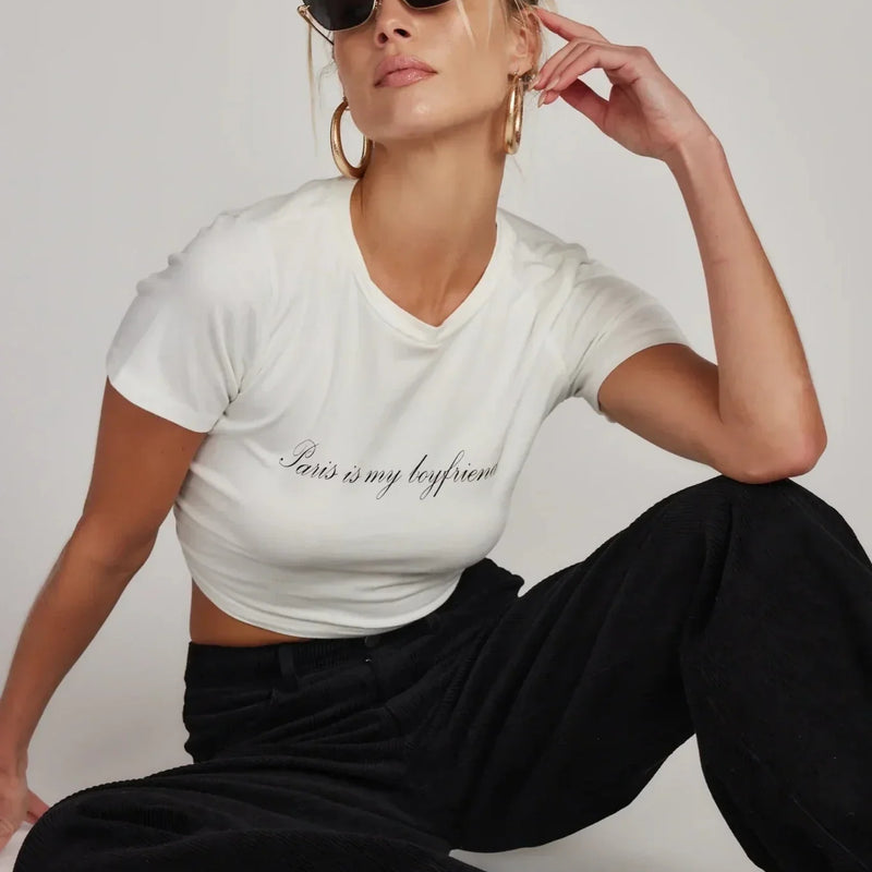 Paris Is My Boyfriend White Crop Tee – For That City Girl Energy | physical by Acid House™ (formerly Zyra Drip)