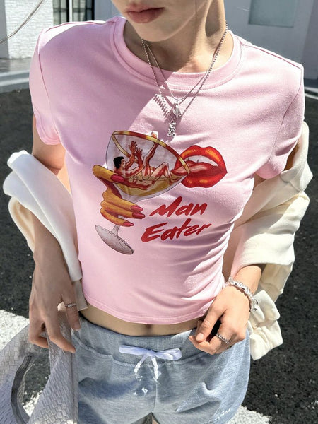 Pink Graphic Baby Tee for Women – Man Eater Print Y2K Aesthetic Slim Fit Crop Top | physical by Acid House™ (formerly Zyra Drip)