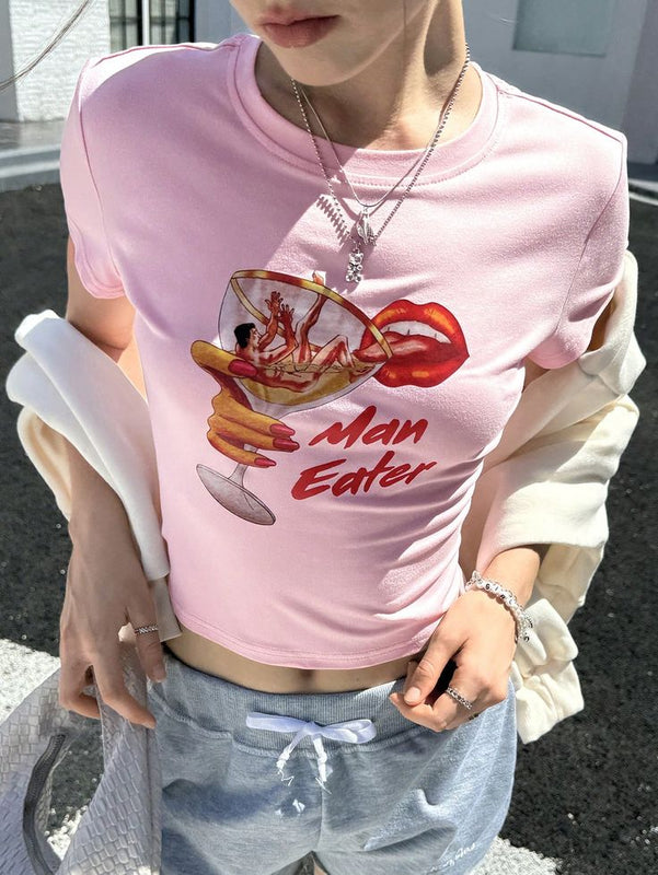 Pink Graphic Baby Tee for Women – Man Eater Print Y2K Aesthetic Slim Fit Crop Top | physical by Acid House™ (formerly Zyra Drip)