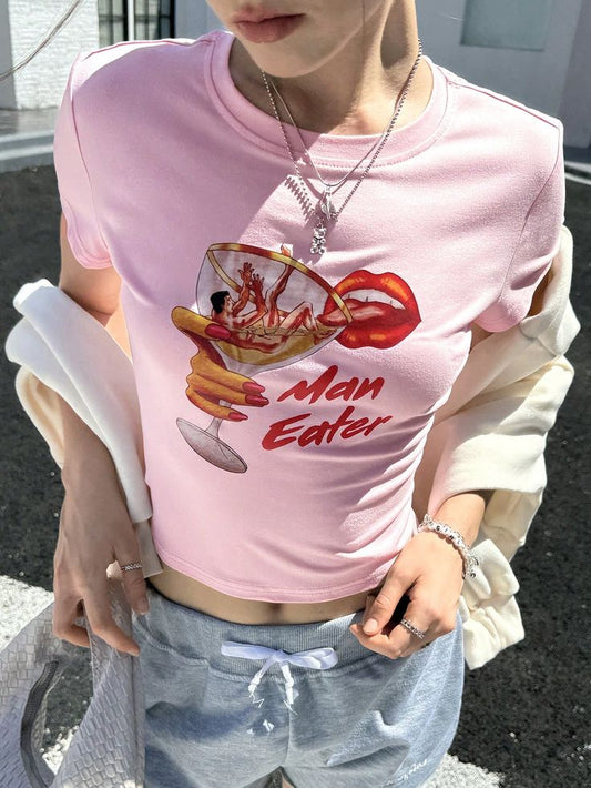Pink Graphic Baby Tee for Women – Man Eater Print Y2K Aesthetic Slim Fit Crop Top | physical by Acid House™ (formerly Zyra Drip)
