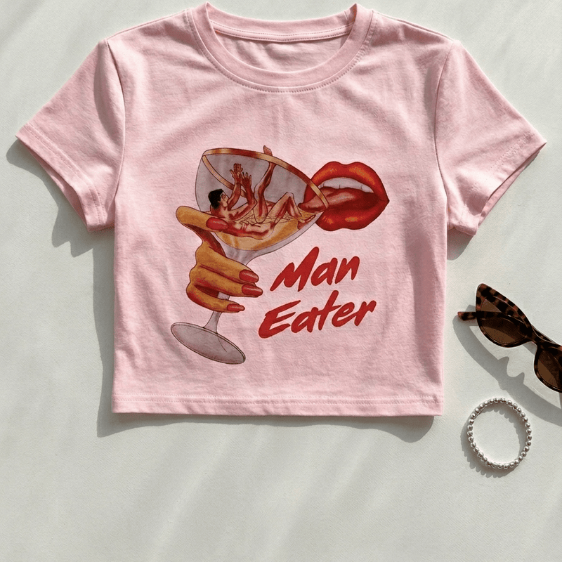 Pink Graphic Baby Tee for Women – Man Eater Print Y2K Aesthetic Slim Fit Crop Top | physical by Acid House™ (formerly Zyra Drip)