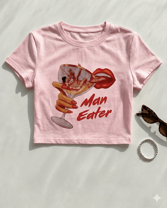 Pink Graphic Baby Tee for Women – Man Eater Print Y2K Aesthetic Slim Fit Crop Top | physical by Acid House™ (formerly Zyra Drip)