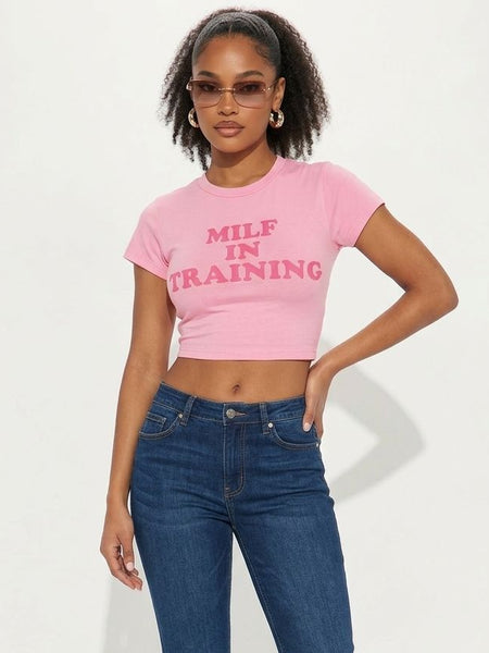 Pink “MILF In Training” Crop Top for Women | Slim Fit Graphic Baby Tee | physical by Acid House™ (formerly Zyra Drip)