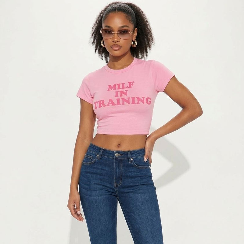 Pink “MILF In Training” Crop Top for Women | Slim Fit Graphic Baby Tee | physical by Acid House™ (formerly Zyra Drip)