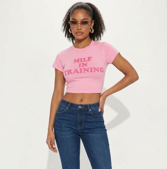 Pink “MILF In Training” Crop Top for Women | Slim Fit Graphic Baby Tee | physical by Acid House™ (formerly Zyra Drip)