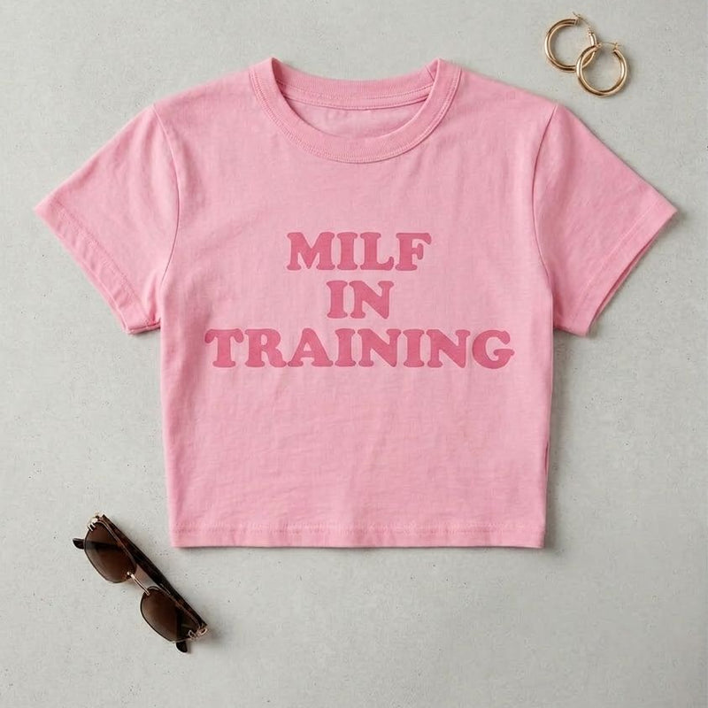 Pink “MILF In Training” Crop Top for Women | Slim Fit Graphic Baby Tee | physical by Acid House™ (formerly Zyra Drip)