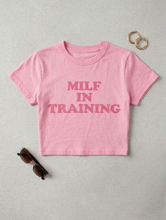 Pink “MILF In Training” Crop Top for Women | Slim Fit Graphic Baby Tee | physical by Acid House™ (formerly Zyra Drip)