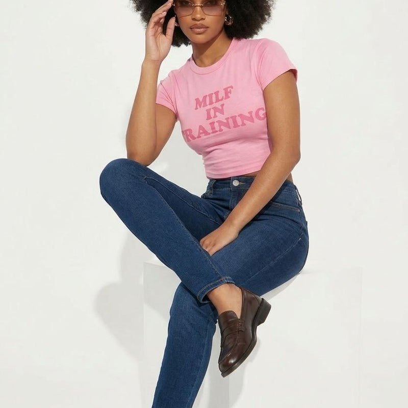 Pink “MILF In Training” Crop Top for Women | Slim Fit Graphic Baby Tee | physical by Acid House™ (formerly Zyra Drip)