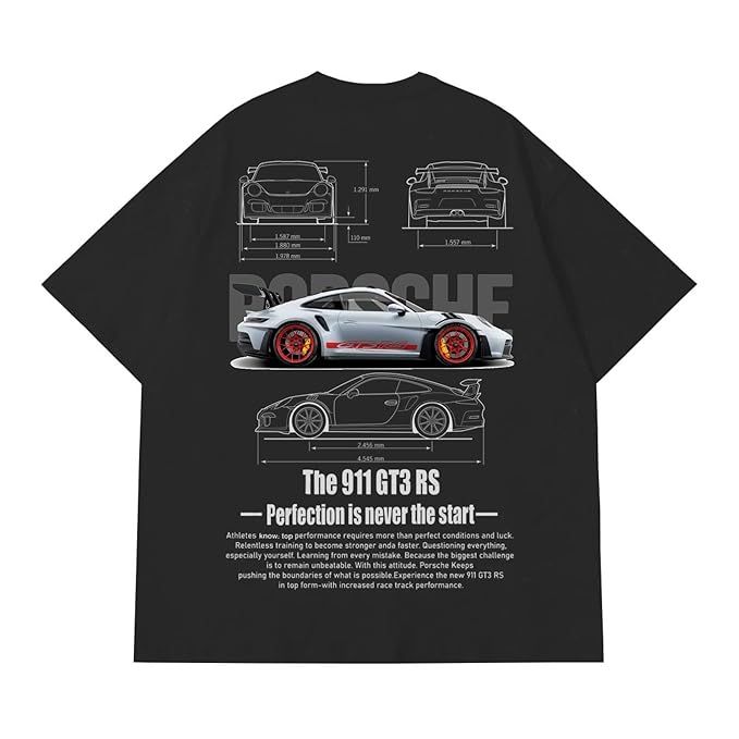 Porsche 911 GT3 RS Oversized T-Shirt – White Supercar Blueprint Graphic Tee | physical by Acid House™ (formerly Zyra Drip)