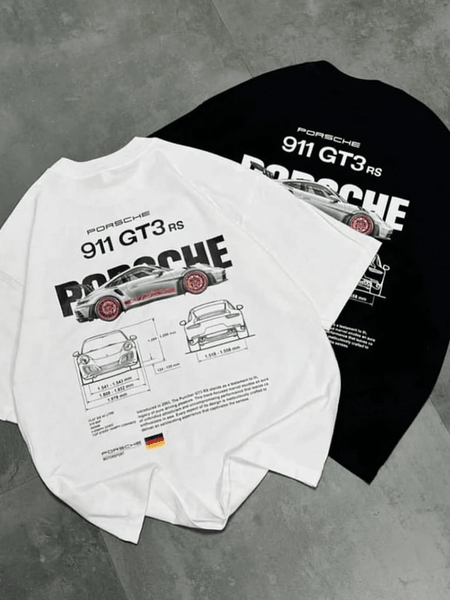 Porsche 911 GT3 RS Oversized T-Shirt – White Supercar Blueprint Graphic Tee | physical by Acid House™ (formerly Zyra Drip)