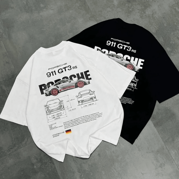 Porsche 911 GT3 RS Oversized T-Shirt – White Supercar Blueprint Graphic Tee | physical by Acid House™ (formerly Zyra Drip)