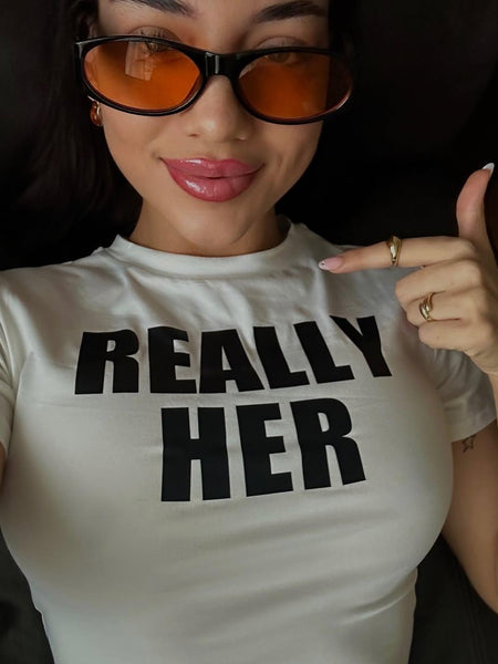 Really Her White Baby Tee for Women | Slim Fit Crop T-Shirt with Bold Text Print | physical by Acid House™ (formerly Zyra Drip)