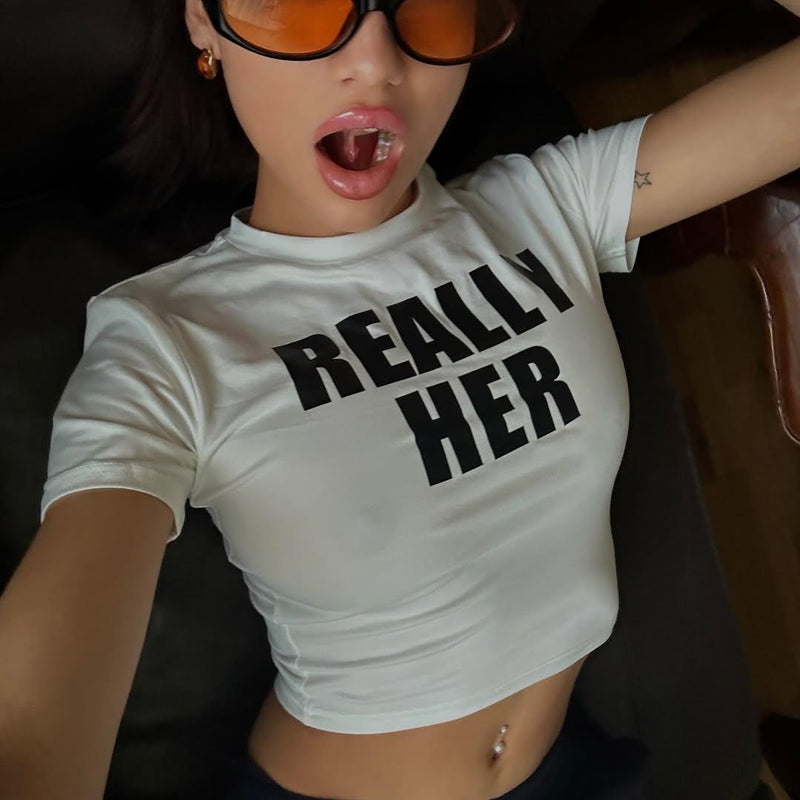 Really Her White Baby Tee for Women | Slim Fit Crop T-Shirt with Bold Text Print | physical by Acid House™ (formerly Zyra Drip)