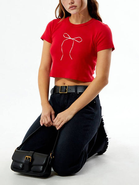 Red Bow Baby Tee for Women – Cute Graphic Cropped Red Tee | physical by Acid House™ (formerly Zyra Drip)