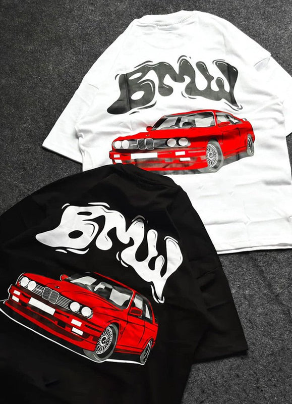 Red Car BMW Graphic Oversized Unisex T-Shirt | Vintage BMW T-Shirt | physical by Acid House™ (formerly Zyra Drip)