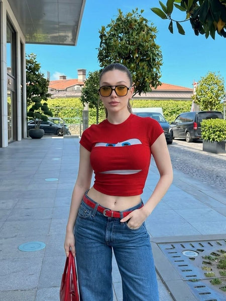 Red Cartoon Eyes Graphic Baby Tee – Slim Fit Y2K Crop Top | physical by Acid House™ (formerly Zyra Drip)