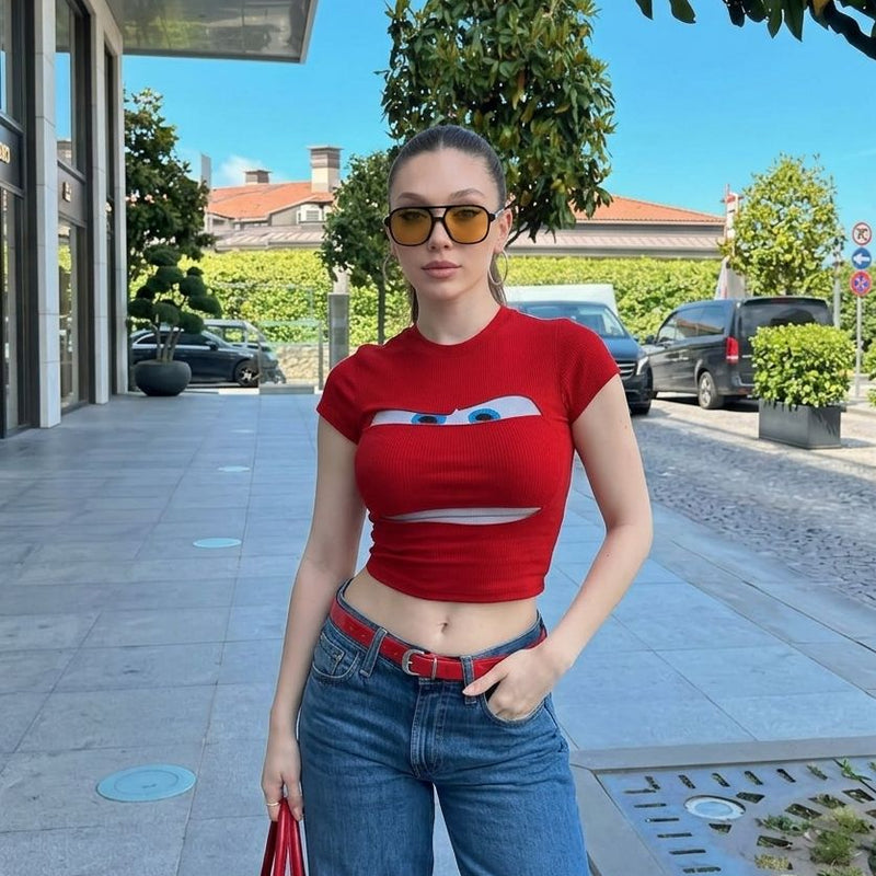 Red Cartoon Eyes Graphic Baby Tee – Slim Fit Y2K Crop Top | physical by Acid House™ (formerly Zyra Drip)