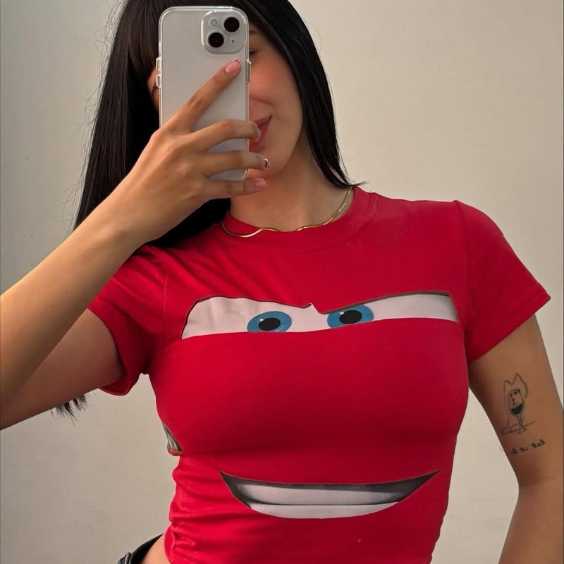 Red Cartoon Eyes Graphic Baby Tee – Slim Fit Y2K Crop Top | physical by Acid House™ (formerly Zyra Drip)