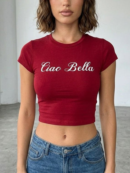 Red “Ciao Bella” Fitted Baby Tee for Women – Cotton Stretch Slim Crop Top | physical by Acid House™ (formerly Zyra Drip)
