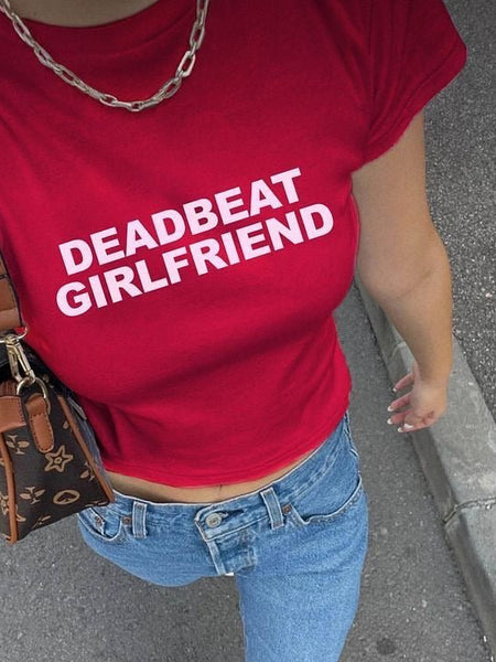 Red Deadbeat Girlfriend Baby Tee – Bold Graphic Crop Top for Women | physical by Acid House™ (formerly Zyra Drip)