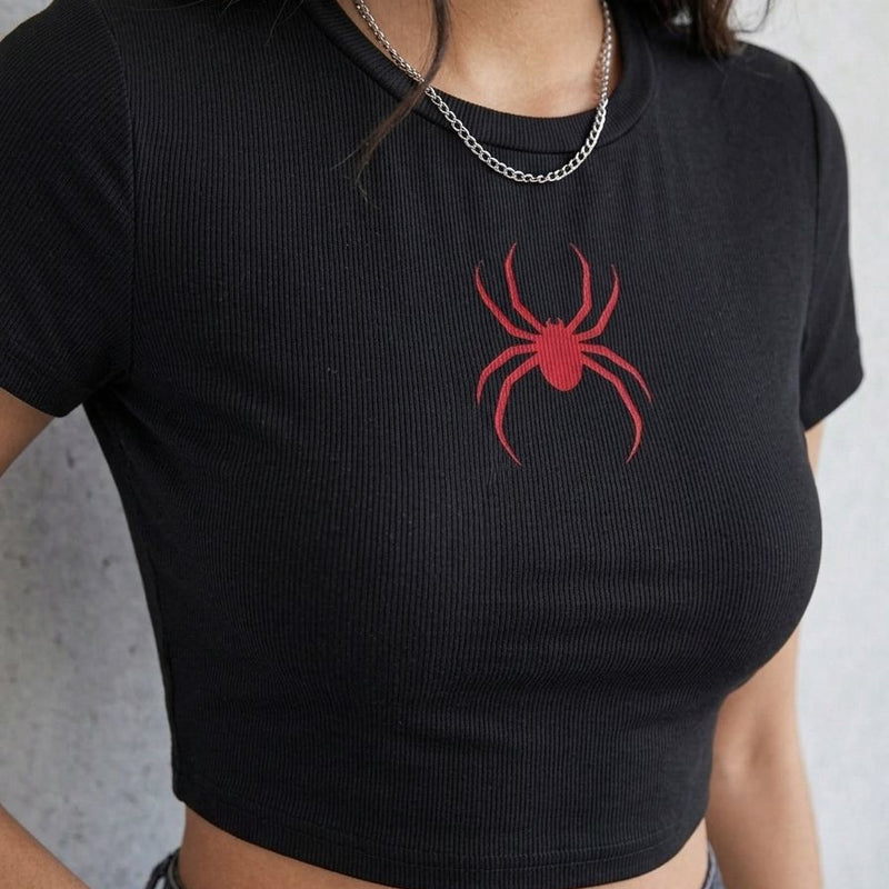 Red Spider Baby Tee Crop Top for Women | Acid House Graphic Fitted Tee | physical by Acid House™ (formerly Zyra Drip)