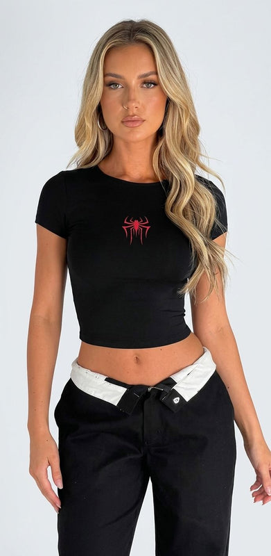 Red Spider Baby Tee Crop Top for Women | Acid House Graphic Fitted Tee | physical by Acid House™ (formerly Zyra Drip)