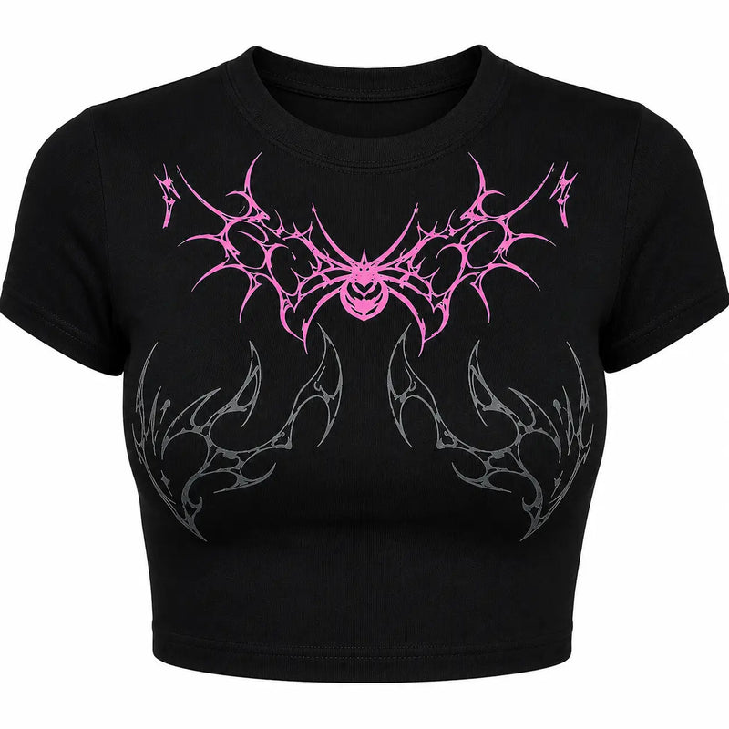 Tribal Graphic Baby Tee for Women | Black Fitted Crop Top | Acid House