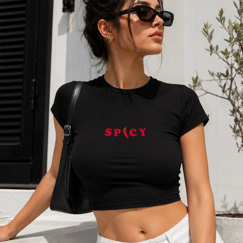 Spicy Graphic Baby Tee for Women – Black & White Fitted Crop Top