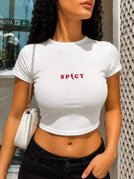 Spicy Graphic Baby Tee for Women – Black & White Fitted Crop Top