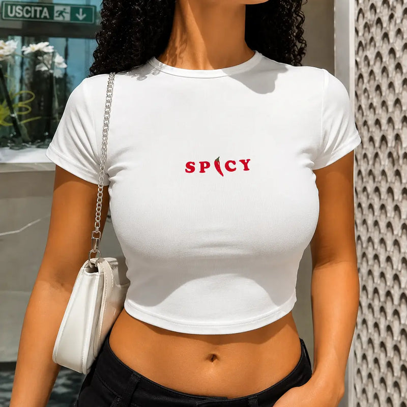 Spicy Graphic Baby Tee for Women – Black & White Fitted Crop Top