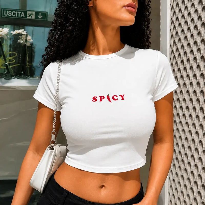 Spicy Graphic Baby Tee for Women – Black & White Fitted Crop Top