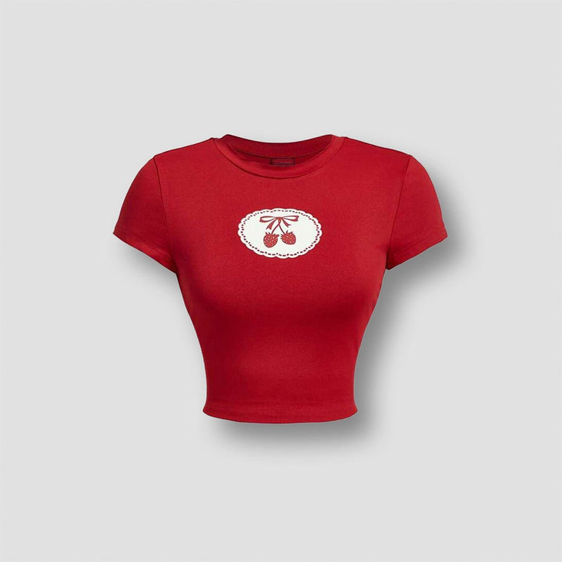 Strawberry Red Baby Tee for Women – Belta 02 Aesthetic Crop Top | Soft Cotton Slim Fit T-Shirt | physical by Acid House™ (formerly Zyra Drip)