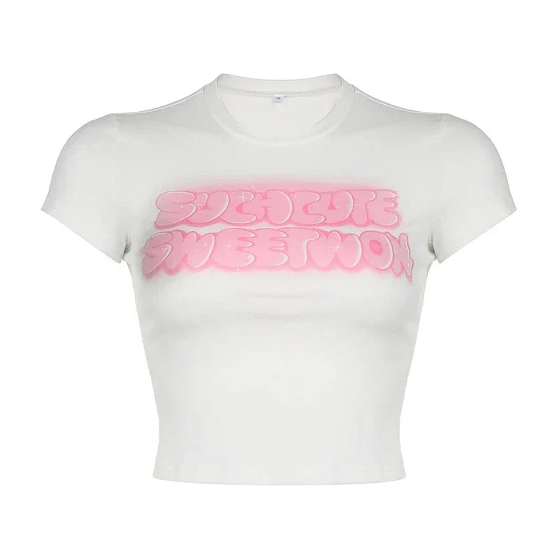 Such Cute Sweet Won Baby Tee – Y2K Pink Graphic Slim Fit Crop Top for Women | Zyra Drip | physical by Acid House™ (formerly Zyra Drip)