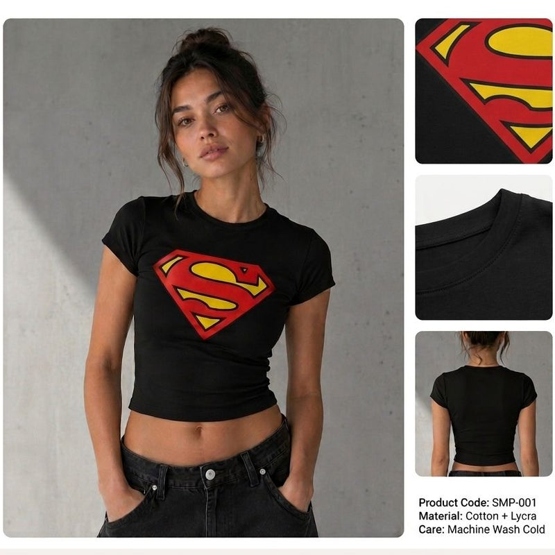 Superhero Logo Black Baby Tee for Women | Slim Fit Graphic Crop Top | physical by Acid House™ (formerly Zyra Drip)
