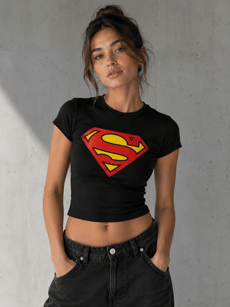 Superhero Logo Black Baby Tee for Women | Slim Fit Graphic Crop Top | physical by Acid House™ (formerly Zyra Drip)